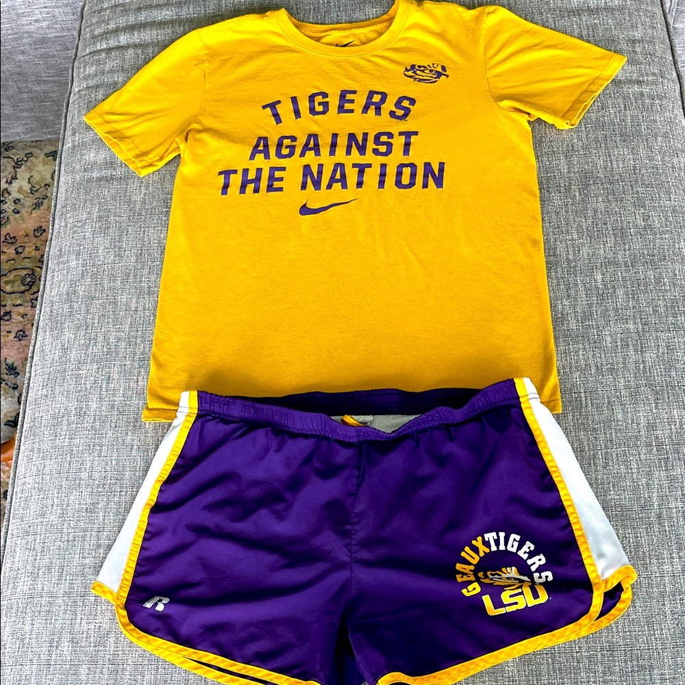 Nike LSU Gold Athletic Tee (S) and shorts (M)